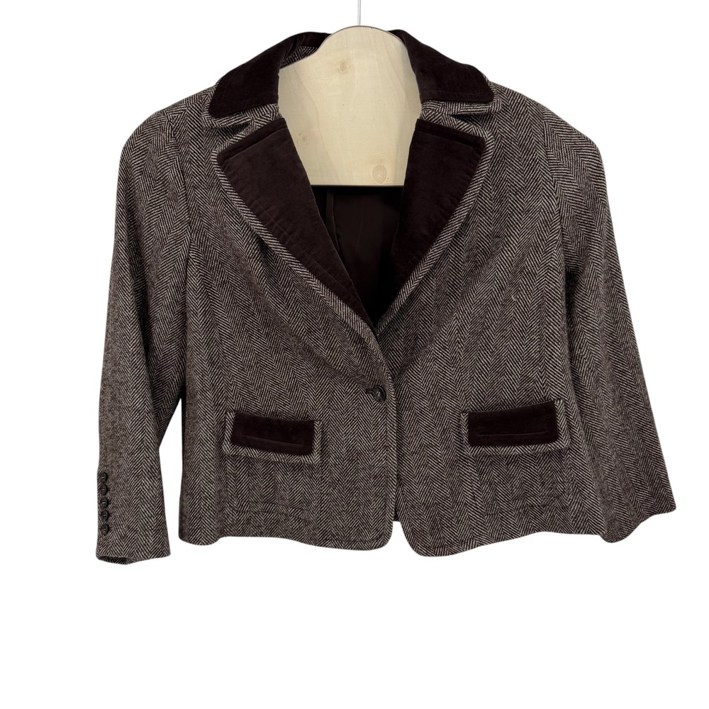 Talbots Wool Herringbone Blazer Women 16W Brown Velvet Trim Office Dark Academia